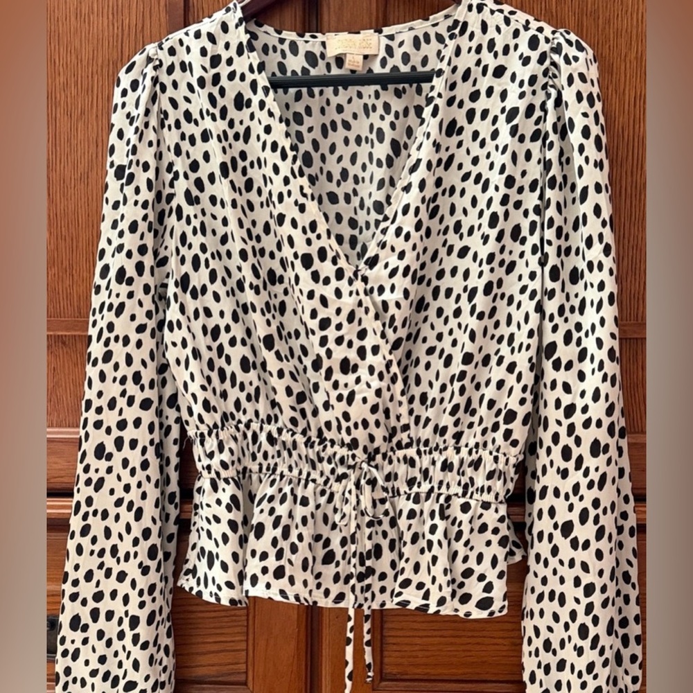 London Rose Dalmatian Leopard Spotted Polka Dot Surplice Peplum Wrap Blouse Chic